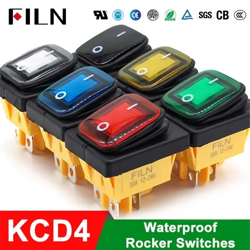 FİLM Ein Aus 30 A/250 V Hochleistungs-4-poliger DPST-wasserdichter, versiegelter T85-Wippschalter für Autoboote, Marine, IP67, mit LED, 12 V, 220 V