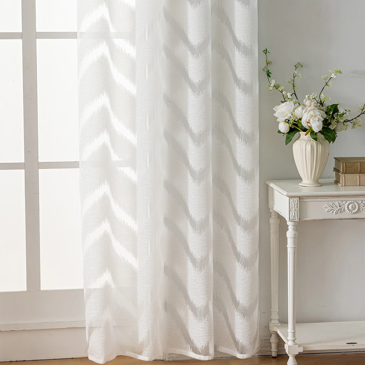 1pc Nordic Luxury Textured Cutout Chevron Sheer Curtains Light Filtering Semi-Transparent Voile for Living Room Balcony Modern