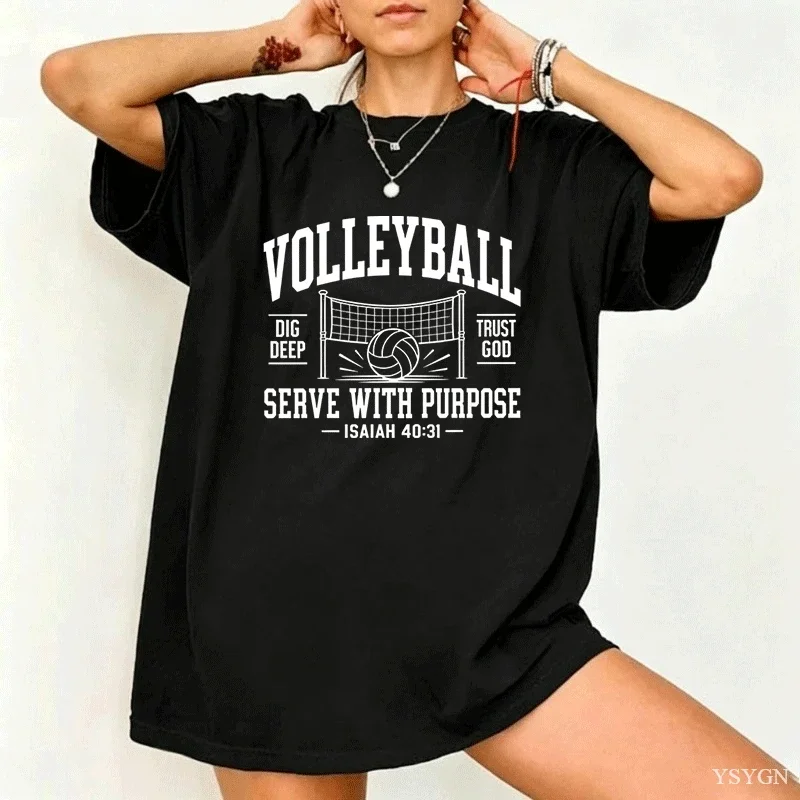 Women Volleyball Christian Faith Net Serve Sports Mom Graphic T Shirt Crewneck Short Sleeve Sublimation 1 Piece Oversized Top