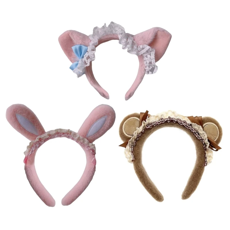 Adorkable Rabbits Furry Headpiece Proms Birthday Hairbands Fun Headwear Bear Lace Bowknot Hair Headwear Dropshipping