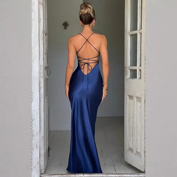 Backless Open Back Gown with High Waist Private Celebrity Style Spaghetti Strap V Neck Floor Length Party Dress for Women
