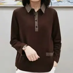 Turn-down Collar Long Sleeve T-Shirts Pullovers Buttons Solid Color Patchwork Plaid Fashion Loose Simplicity Women's Clothing