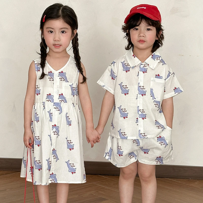 Spring Children's Summer Clothes Suit 1-8Y Dolphins Printed Shirt Shorts 2pcs Boys Casual Set Cute Girls Dress Siblings' Outfit