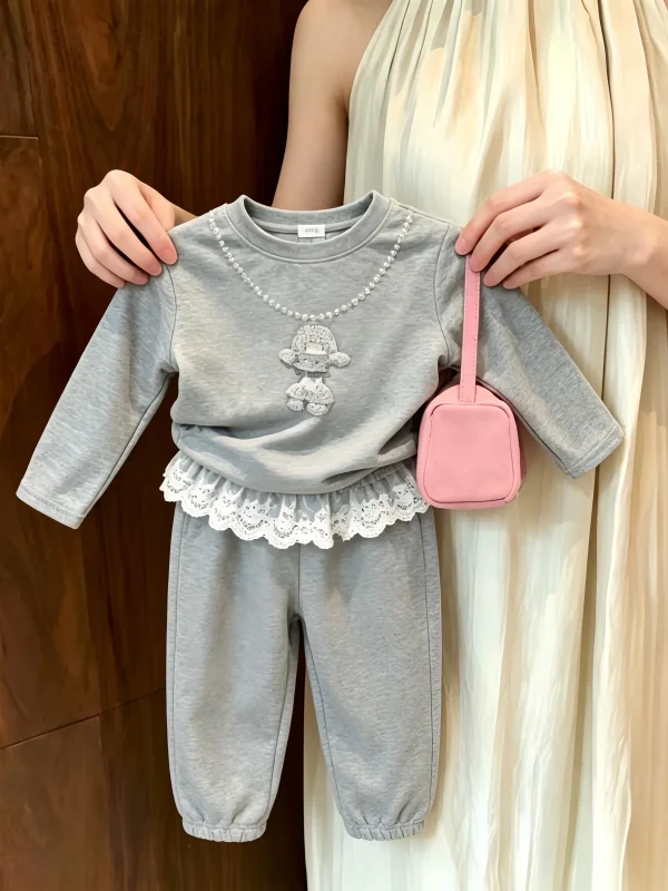 Girls Casual Lace Long Sleeve Patchwork Top And Pants Set Spring Autumn Korean Style Baby Cartoon Animation Print Outfit
