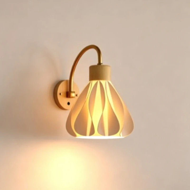 European Cream Wood Style LED Wall Lamp with Ruffled Petal Shade Home Decor Lighting for Bedroom Bedside Living Room Corridor