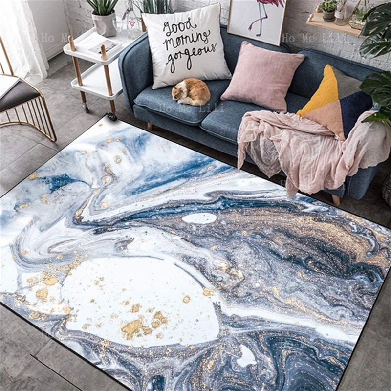 Modern Non Slip Flannel Floor Rug Popular Home Decoration Ocean Blue Turquoise Golden Abstract Marble Waves Carpets