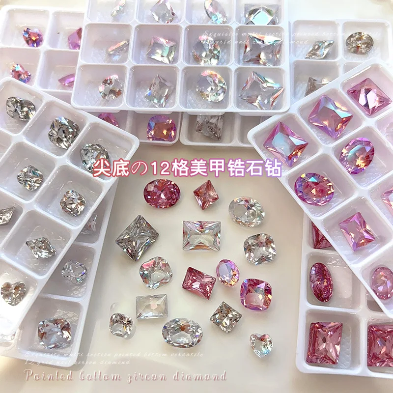 12 pçs rosa claro piscando quadrado coração prego strass cúbico ganso ovo zircônia arte do prego charme aurora brilhando manicure cristal