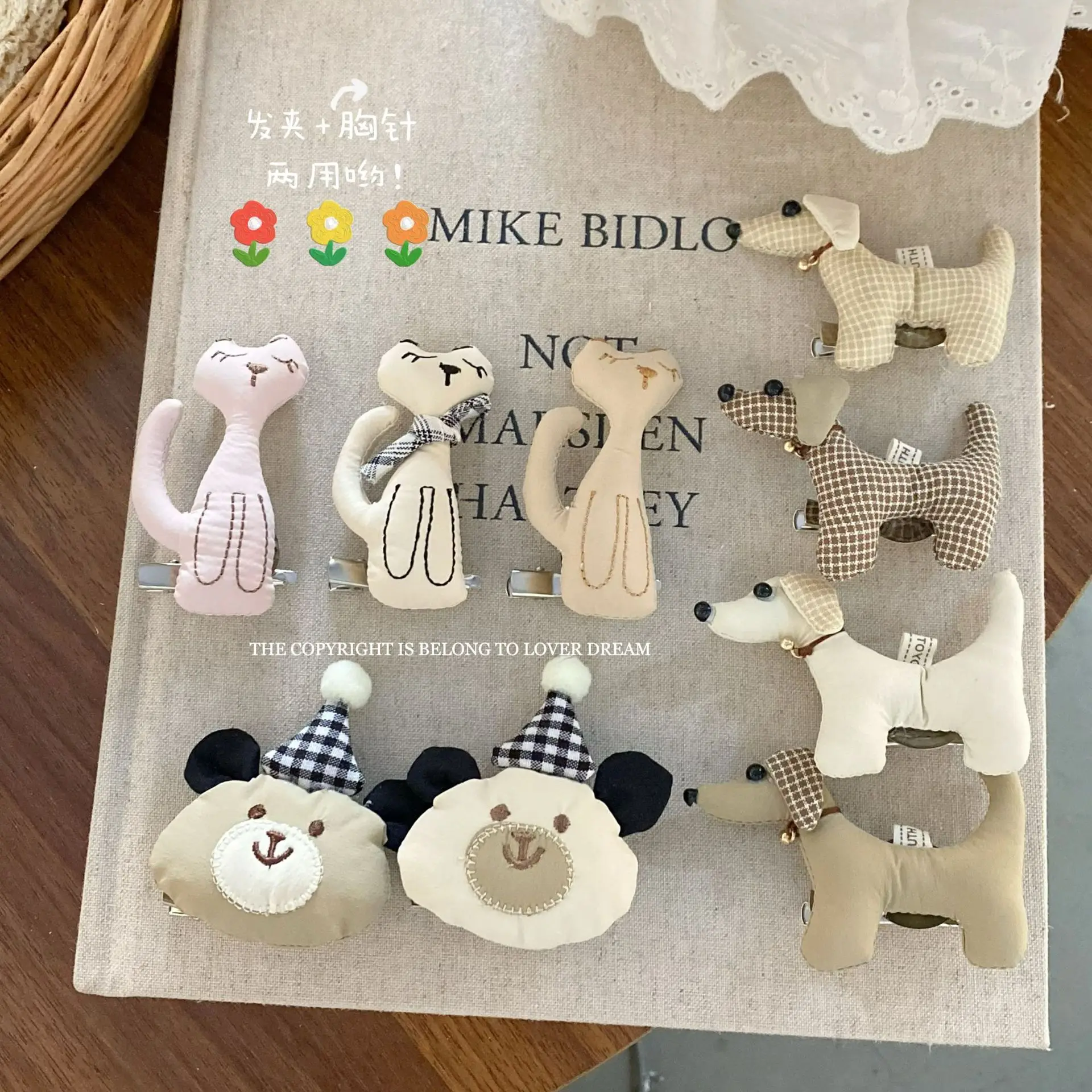 Plaid Solid Color Fabric Puppy Kitten Brooch Convertible Duck Bill Clip Adorable Cute Textured Garment Pin for Women