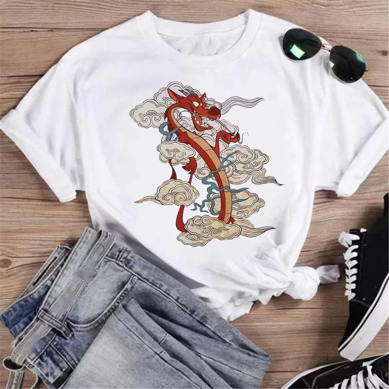 Disney Mulan Print T-shirt Women Harajuku Aesthetics Casual Y2K Tops Summer Fashion Mushu Printed Female Clothing