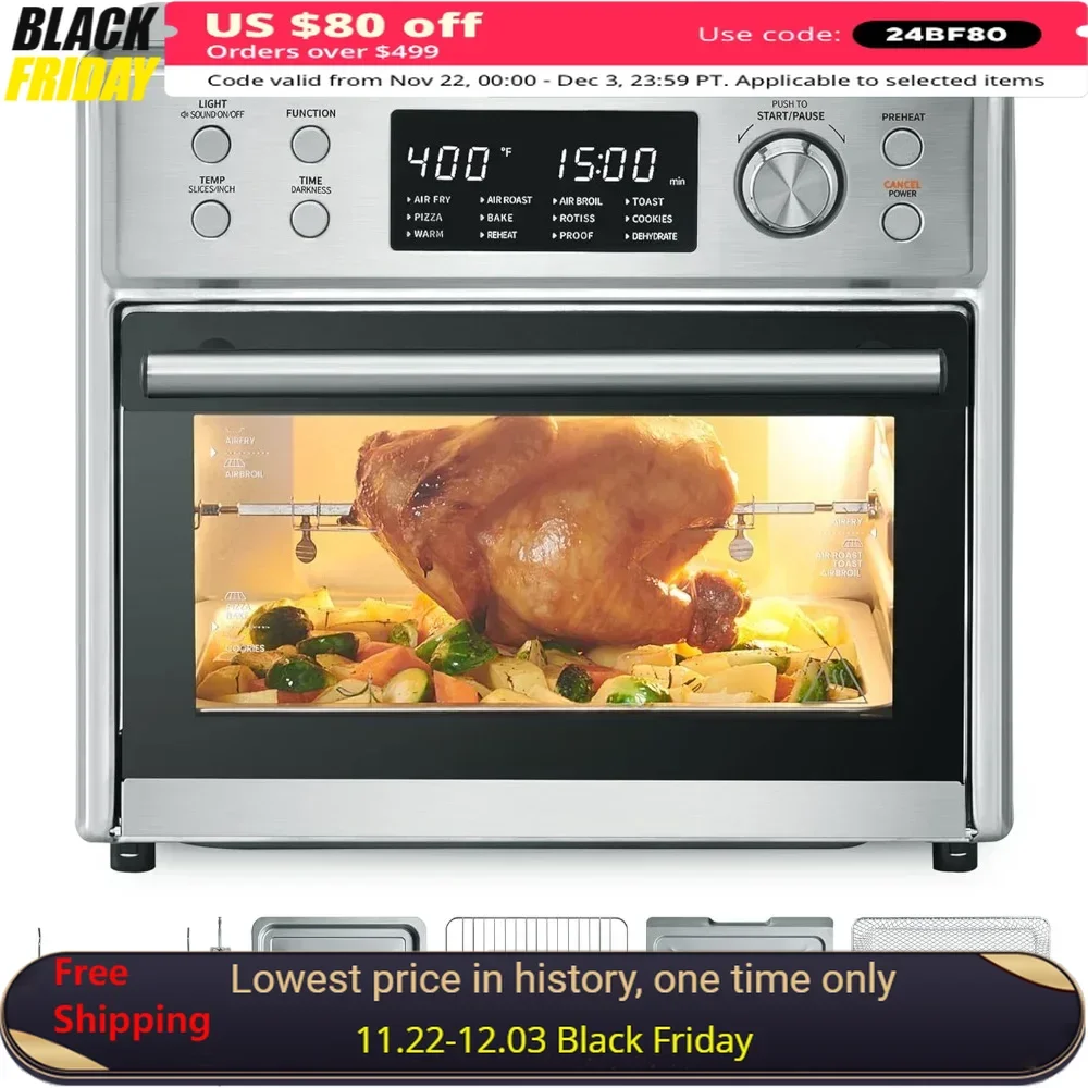 Air Fryers with Rotisserie, 25L/26.4QT 12-in-1 Countertop Convection & Precise Temp Control, Toaster Oven Air Fryer Combo