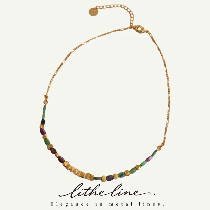 Litheline 24K Gold Plated Brass Multi-Color Gemstone Choker, Hammered Nugget Accents Skin-Safe Bohemian Vacation Jewelry