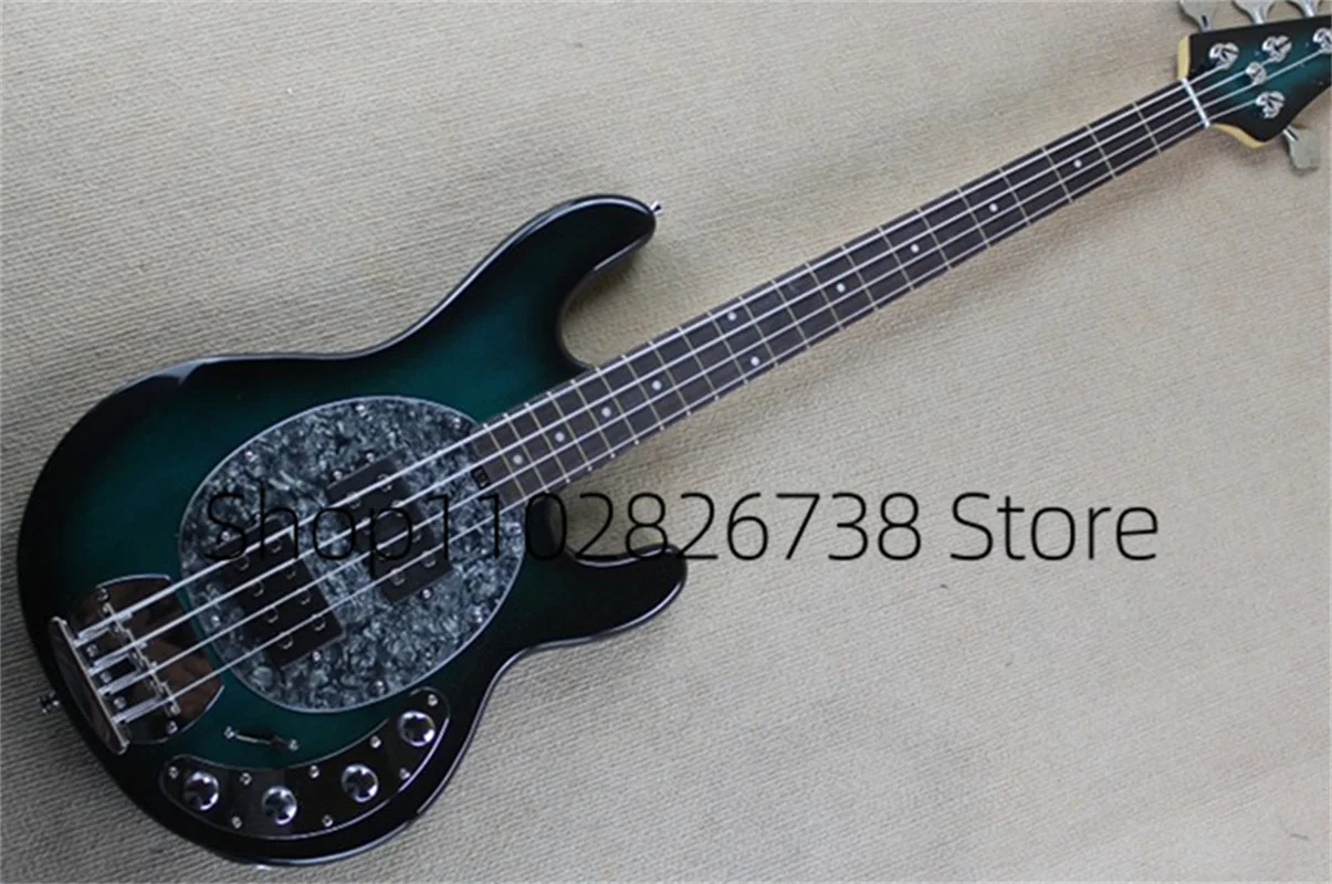 Classic Blue Electric Bass Guitar 4 Strings Ray Bass Gray Pearl Guard Active Battery Chrome Hardware  Factory Custom