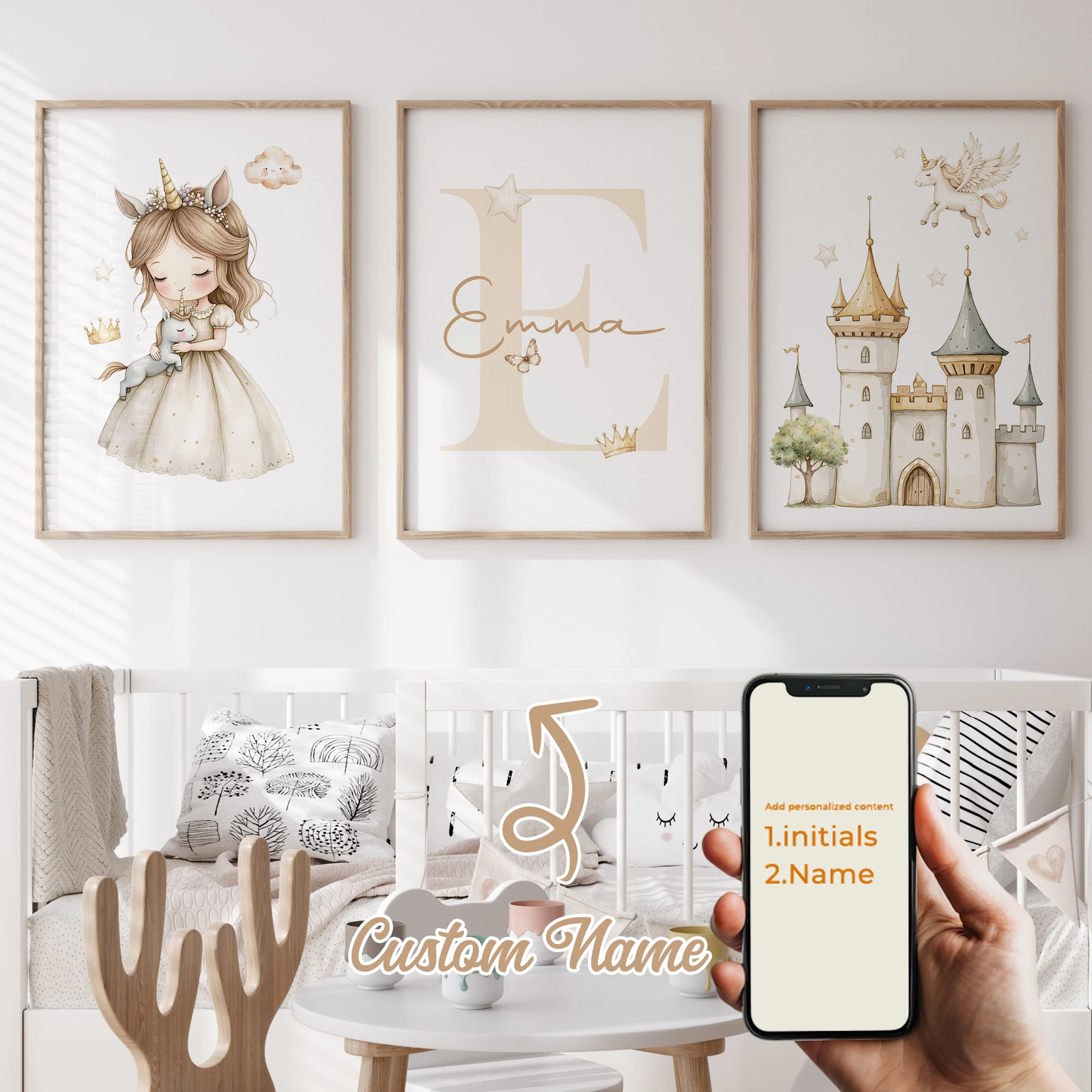 

3pcs Personalized Custom Name Cartoon Unicorn Princess Wall Art Print Picture Canvas Poster Painting For Living Room Home Decor