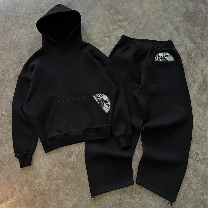

Hip-Hop Hoodie Sets Men Streetwear Casual Tracksuit Spring Autumn Pocket CD Print Hoodie Straight Pant High Street Sweatsuit Set