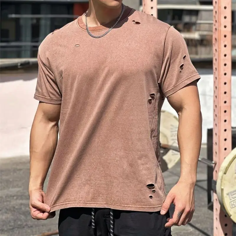 Ripped fashion casual street wear loose men\'s T-shirt top round neck cotton short sleeve T-shirt fitness exercise sportswear