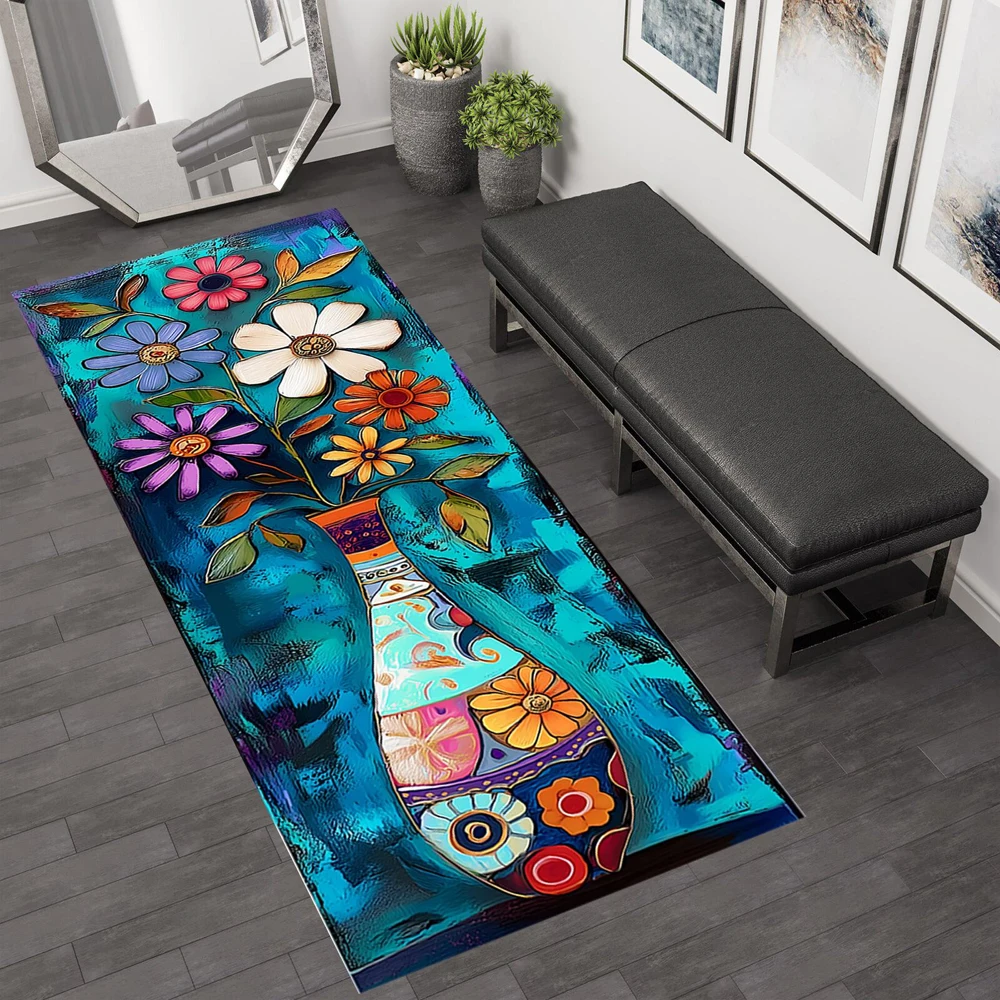 Artistic Vase Flower Print Runner Rug Flannel Washable Floor Mat for Living Room Kitchen Entryway Bohemian Themed Home Decor