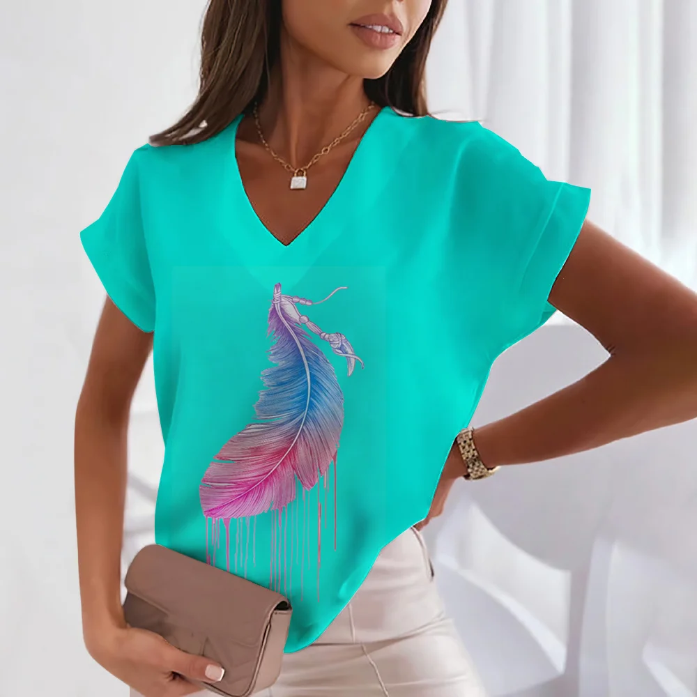 2024 Summer Women T-Shirts butterfly V-neck Sexy Tops Short Sleeve Fashion Print T Shirt Harajuku Tee Oversized Female Clothes