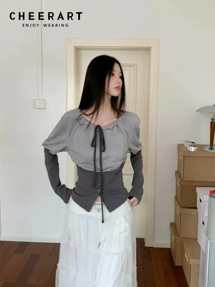 

CHEERART, осень 2024, дизайнерский лоскутный топ с длинными рукавами и блузка, осенняя одежда, женская модная одежда с завязками на шнурке