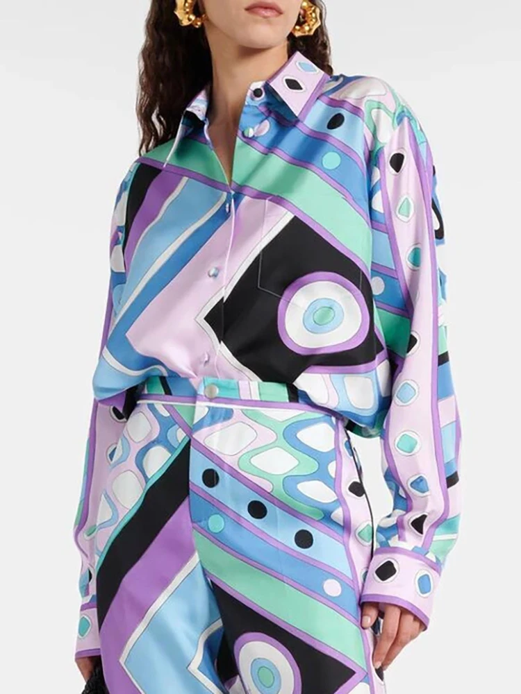 

Spring Summer Fashion High Quality Real Silk Blouses Women's Turn-down Collar Single Breasted Geometric Print Long Sleeve Shirt