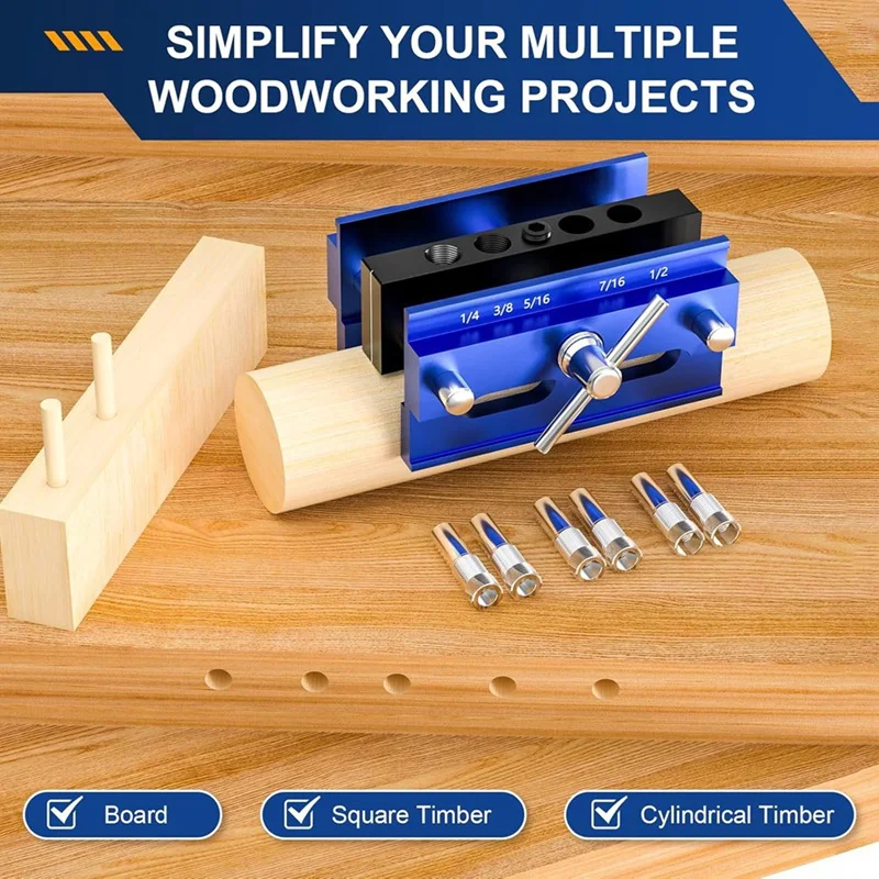 ABKJ-Self Centering Dowel Jig Kit, Drill Guide Jig Block For Straight Holes 6PCS Drill Bushings, For Woodworking, Adjustable