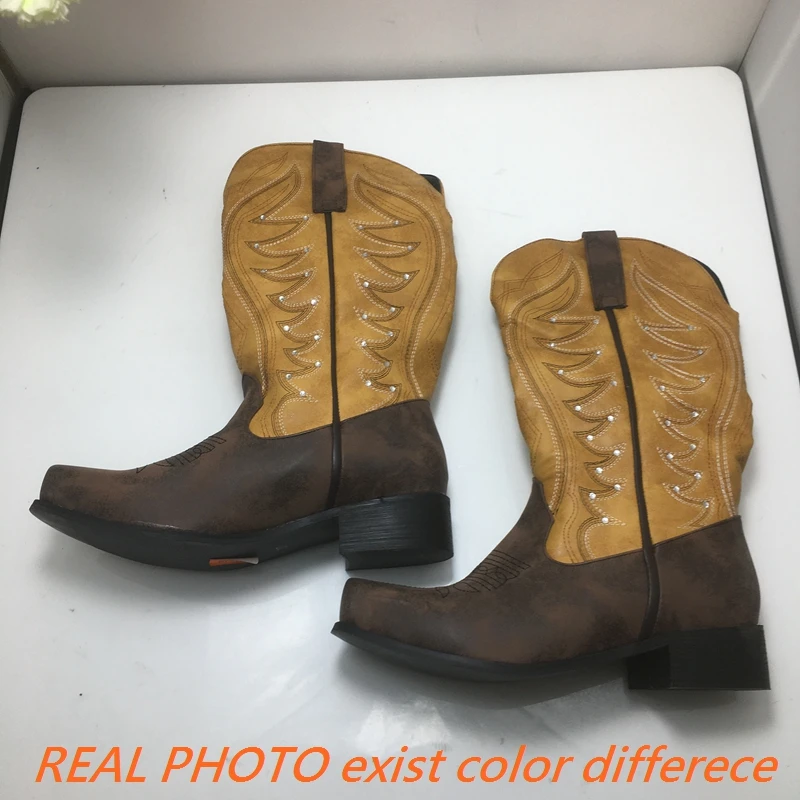 SIMLOVEYO Cowboy Women Boots Toe Slip On Flock Mixed Color Size 48 49 50 Daily Mid Calf Booties