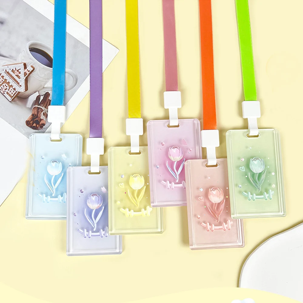 Cartoon Tulip Photocard Holder Flower Keychain Transparent InsStudents Card Protectors Lanyard Card Case Acrylic Card Holder