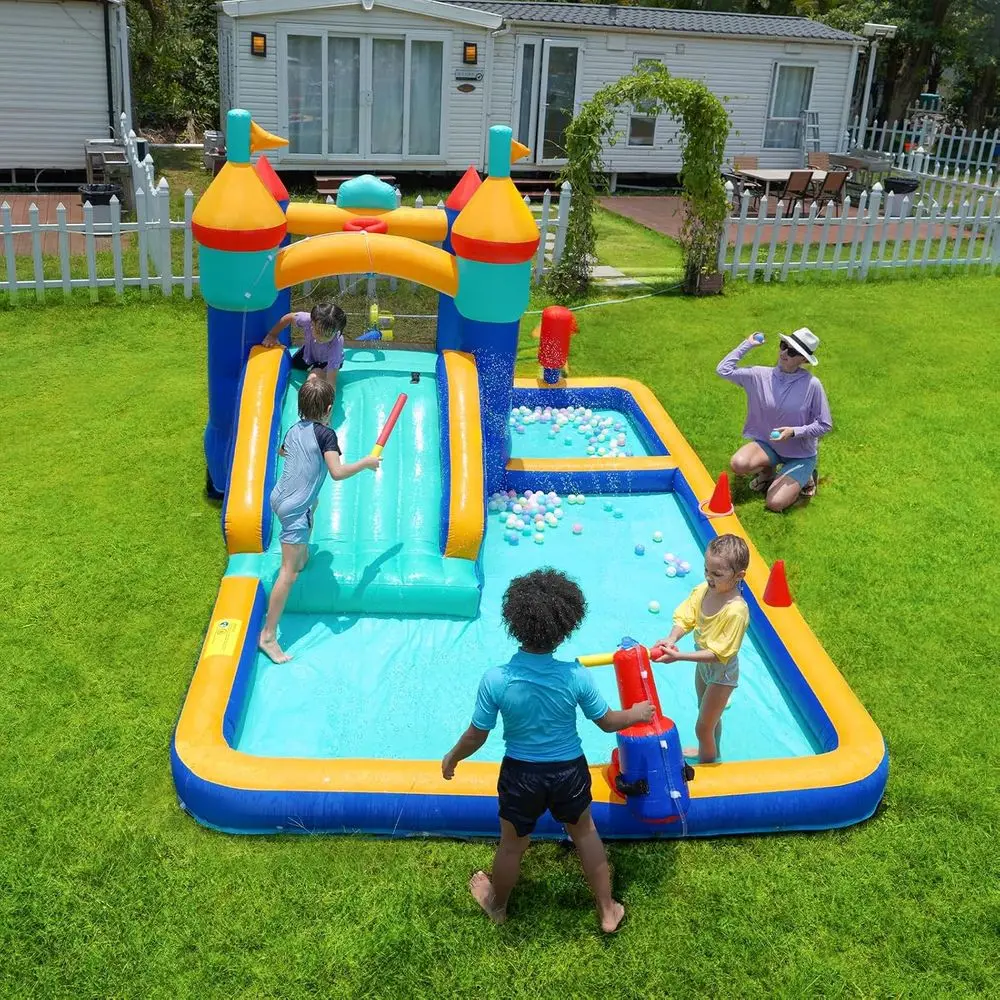 8-in-1-Hüpfburg, Wasserrutsche-Hüpfburg mit Poolfläche, Hüpfburg mit Rutsche für Nass und Trocken, Iatable Castle mit Luft