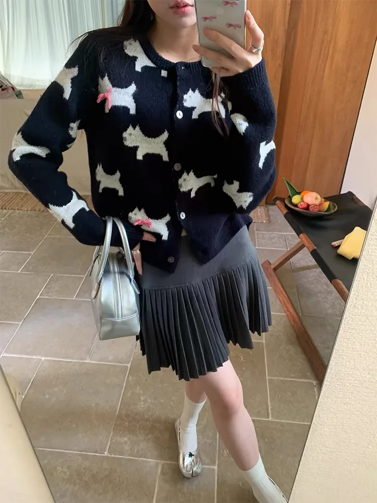 Cardigans Women Dog Print Bow Button-up Loose All-match Sweaters Outwear Knitted Sweet Design Korean Style Soft Ins Temperament