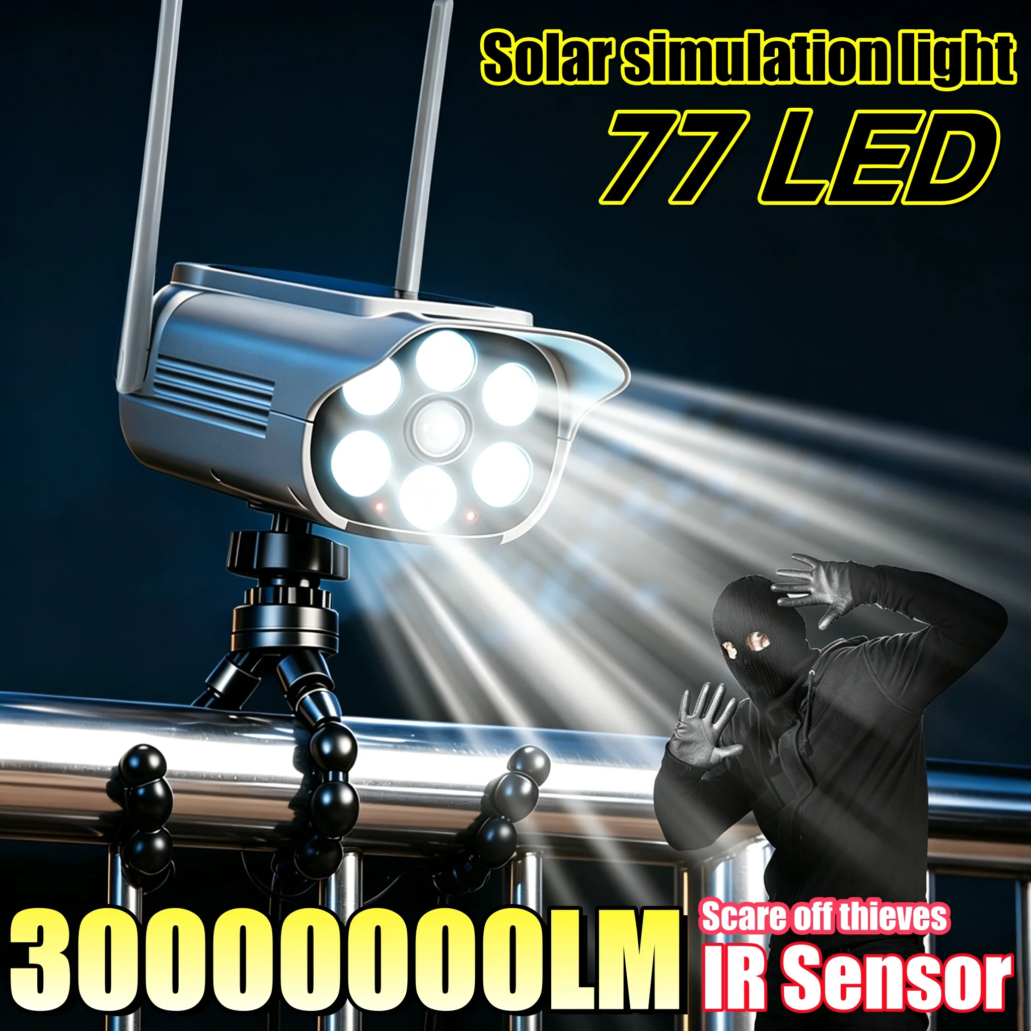 Outdoor Motion Sensor Solar Lights 30000000LM 77 LED With Remote Controller Fake Security Camera Monitoring Induction Wall Lamps