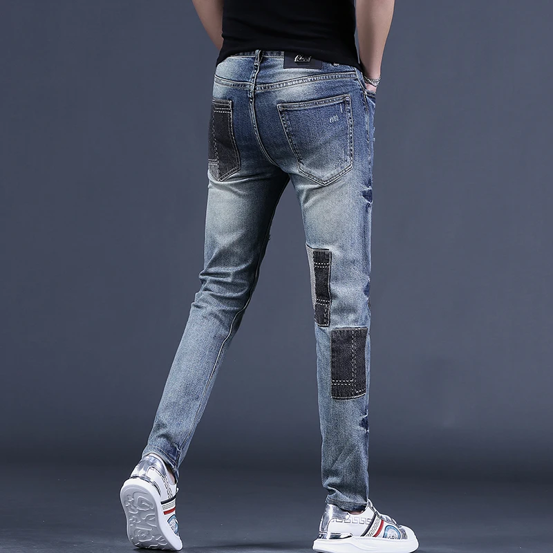 Summer Blue Ripped Patchwork Jeans Men Casual Slim Fit Straight Pants Streetwear Denim Trousers