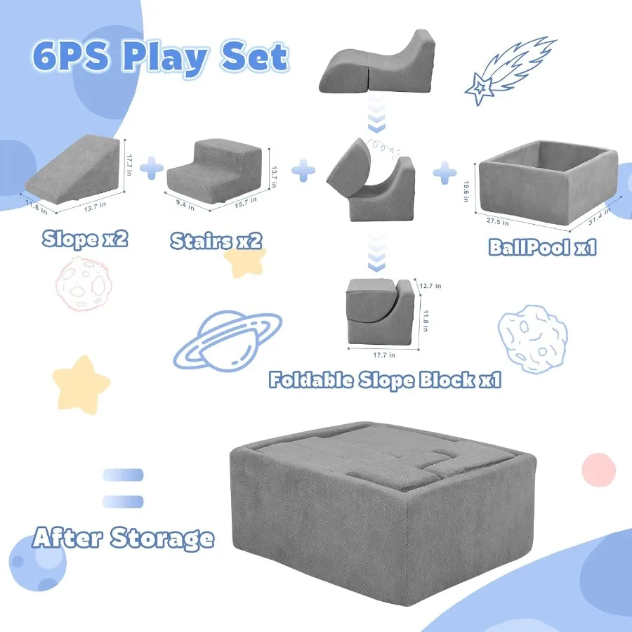 ソフトフォームクライミングブロックとボールピット6個入り幼児用クライミングおもちゃ屋内グレーソフトプレイクライミング幼児用ハイハイ用滑り台