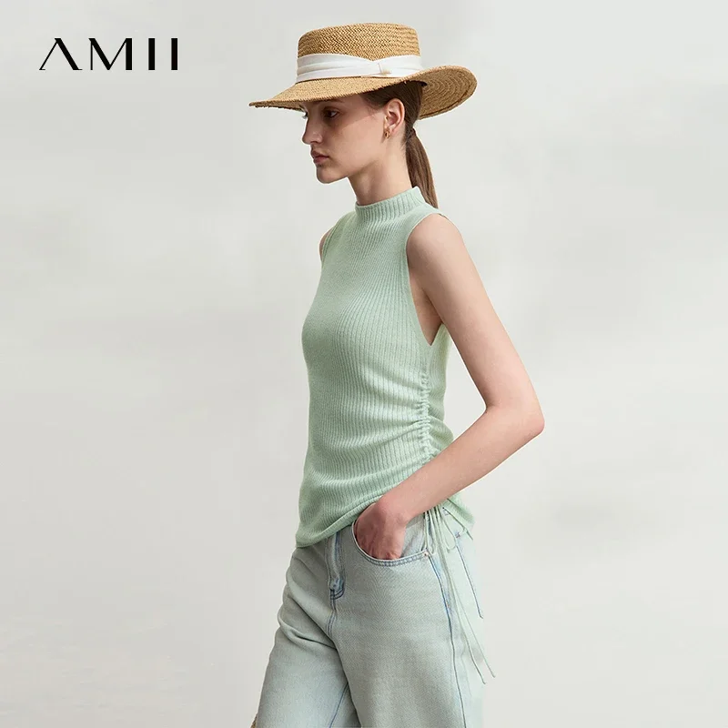 Amii Minimalist Women's Sleeveless Knit Sweater 2025 Summer New Semi-turtleneck Pit Strip Drawstring Slim Commute Top 12541116