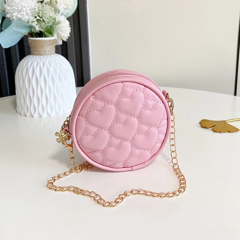 Fashion Korean Kids Pink Pu Leather Shoulder Bag Baby Girls Mini Round Coin Purse Handbag Princess Chain Crossbody Bag For Kids