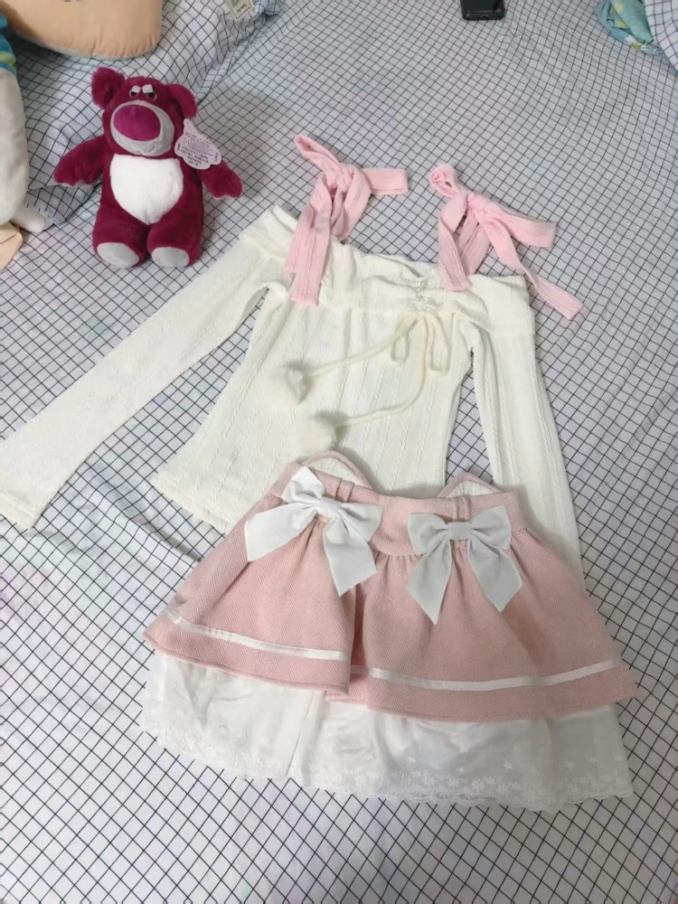 일본식 스위트 슬림 오프숄더 투피스 세트 여성 Y2K 디자인 귀여운 리본 레이스 티셔츠 캐주얼 우아한 패치워크 짧은 치마 세트