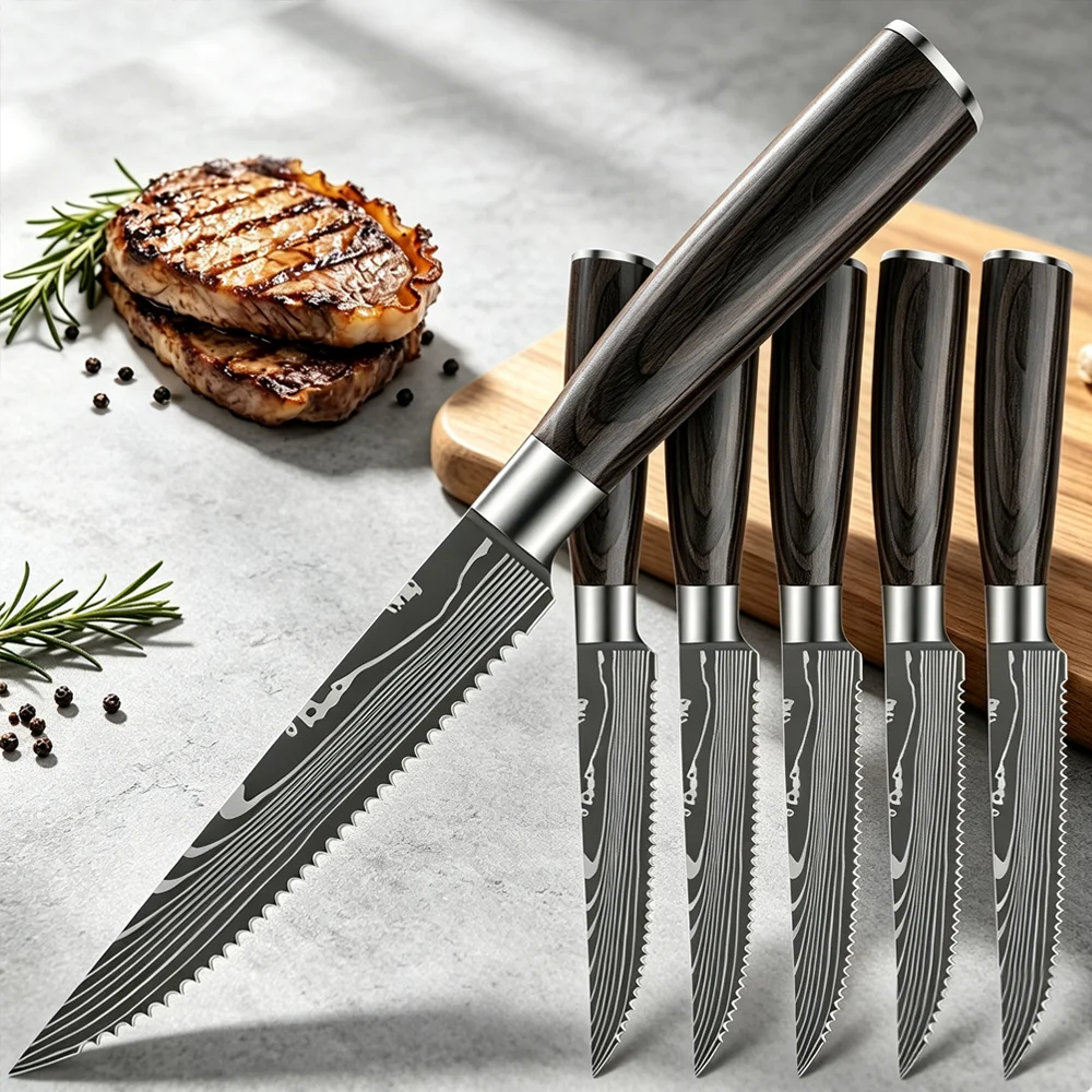 1/4/6Pcs Steak Knife Set laser Pattern Damascus Serrated Knife Meat Fish Chicken Cutting Slicing Splitting Cooking Knife Dining