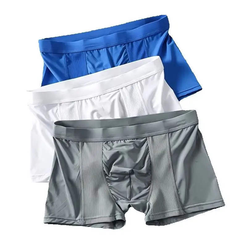 Men Ice Silk Boxer Briefs Summer Breathable Mesh Panel Cool Smooth Flat Shorts For Daily Wear