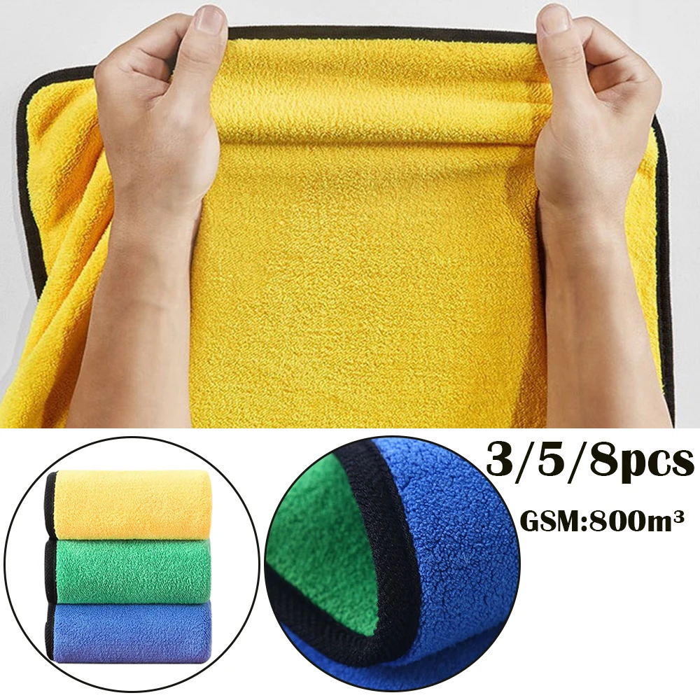 3/5/8pc Microfiber Car Washing Towel 800GSM Thicken Coral Velvet Cars Cleaning Drying Towel High Water Absorption Car Care Cloth