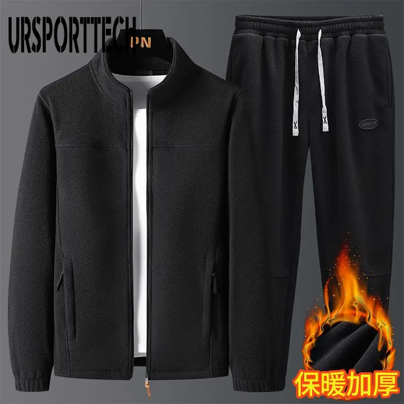 Polar Fleece Tracksuit Mens Set Spring Autumn Sport Suit Male Plus Velvet Thick Hoodies+ Pants Warm Sweatshirt Autumn Sportswear