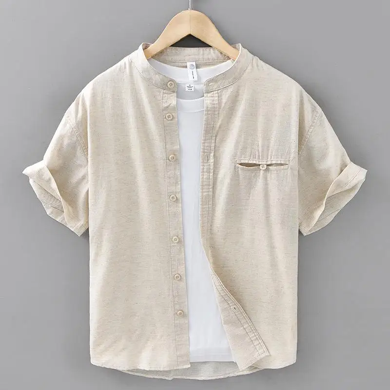 

Men's Linen Shirt Short Sleeve Mid-Cotton Casual Comfortable Breathable Summer Fashion Pocket Design Thin Material Pure Color