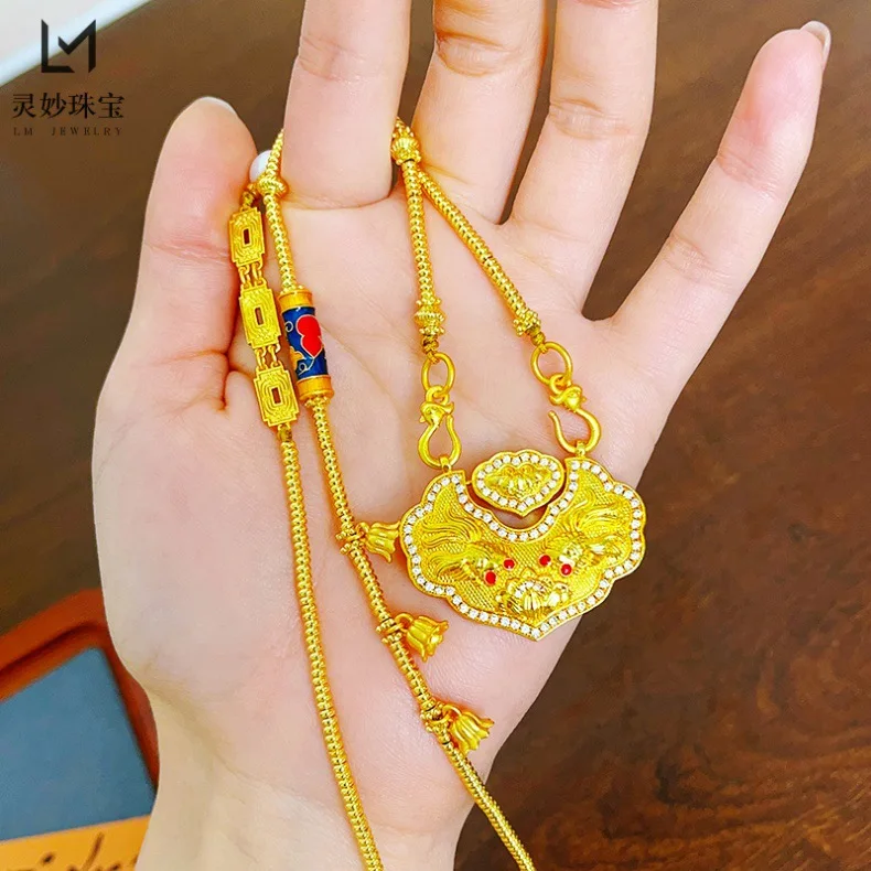 

Роскошные ювелирные изделия из настоящего золота 9999 24 карата с бриллиантами Рыбы Ruyi Koi, сумка с замком, кулон, ожерелье, цепочка для женщин