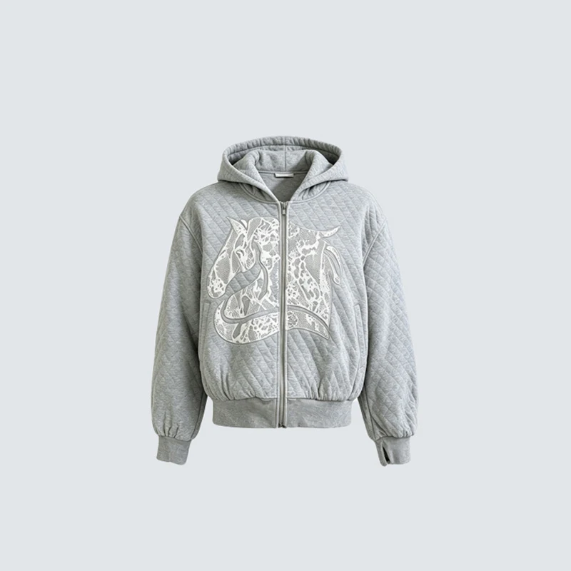 Retro Diamond Patterned Embroidered Hooded Cardigan Worn Loose Wide Leg Sweatshirt Men's And Women's Casual Two-Piece Set