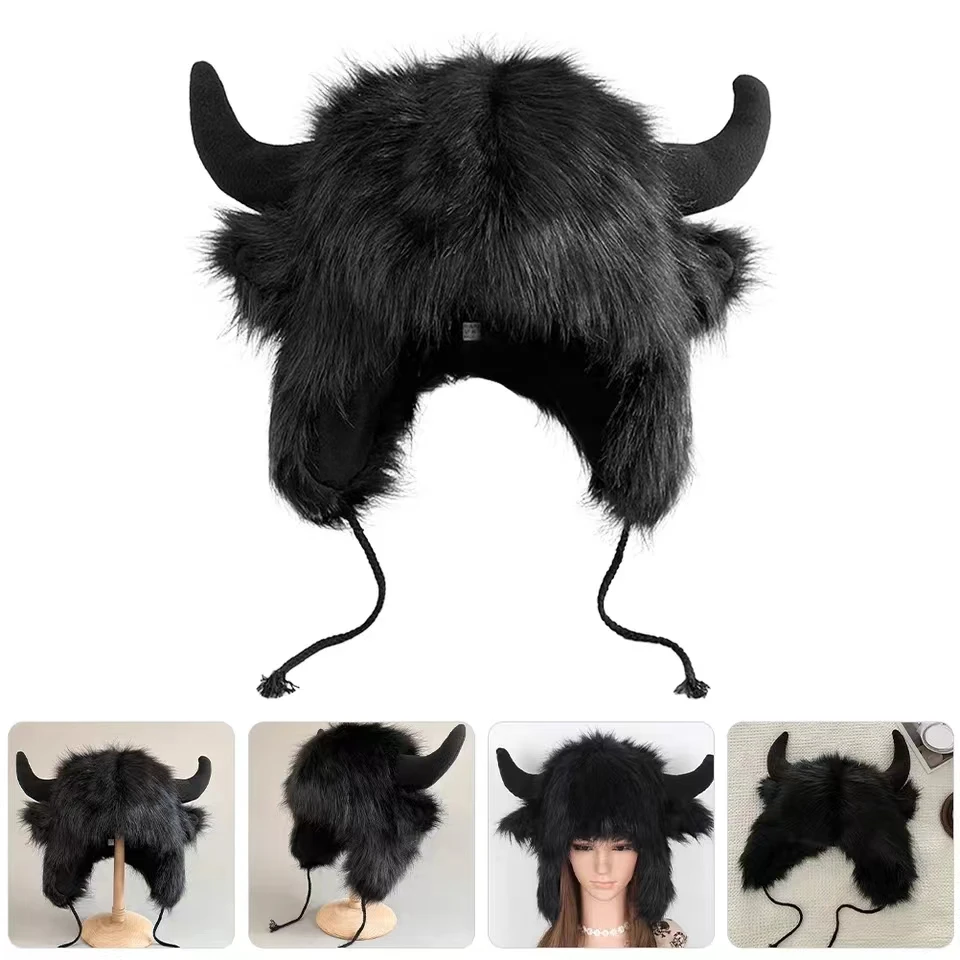 Big black cow fur thunderbolt hat winter warm ear protection personality windproof cold riding electric car cotton hat