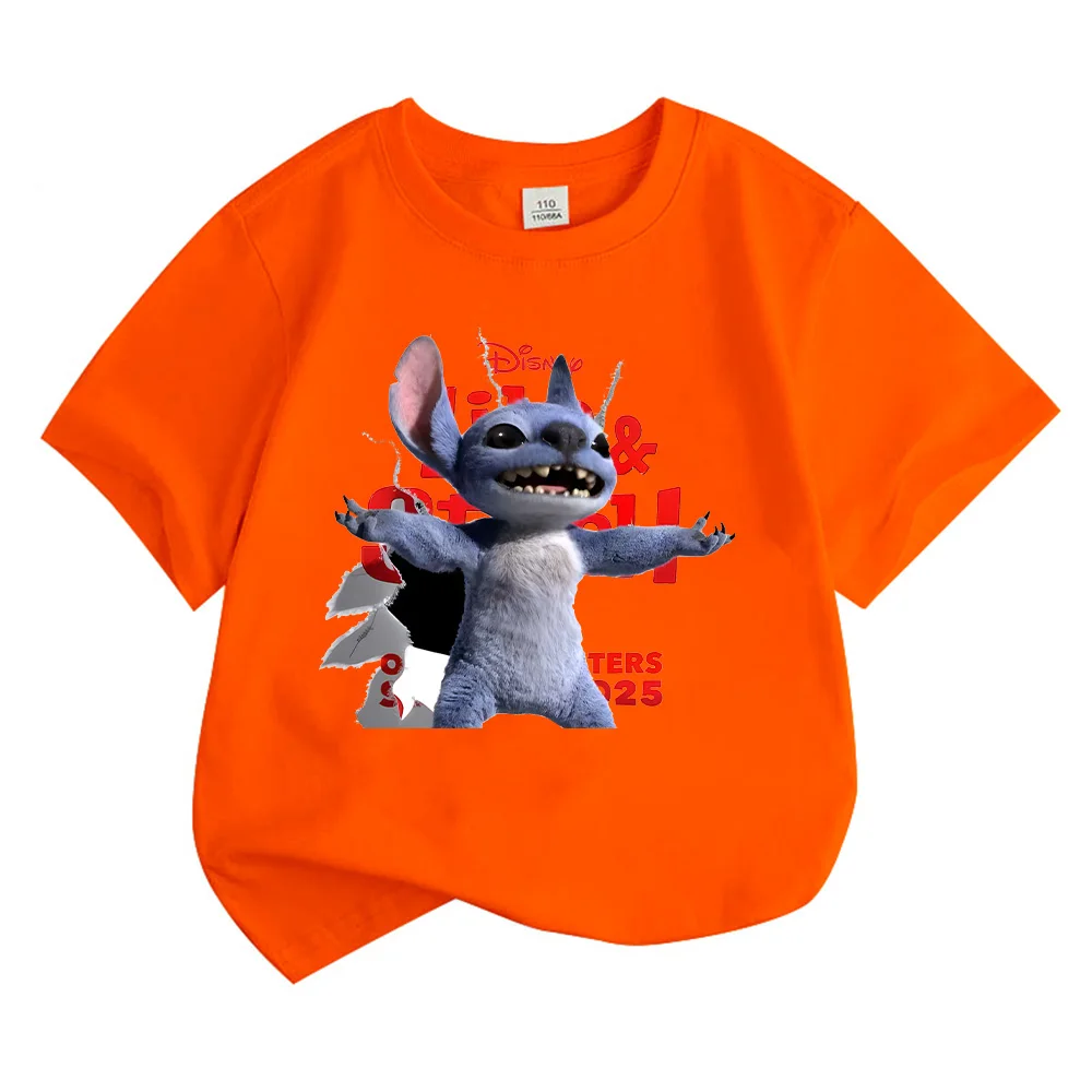 Lilo & Stitch 2025 New Film T-shirts Stitch Break Break Through The Wall Cartoon Funny Top Children Cute Tshirt Boys Kid Clothes