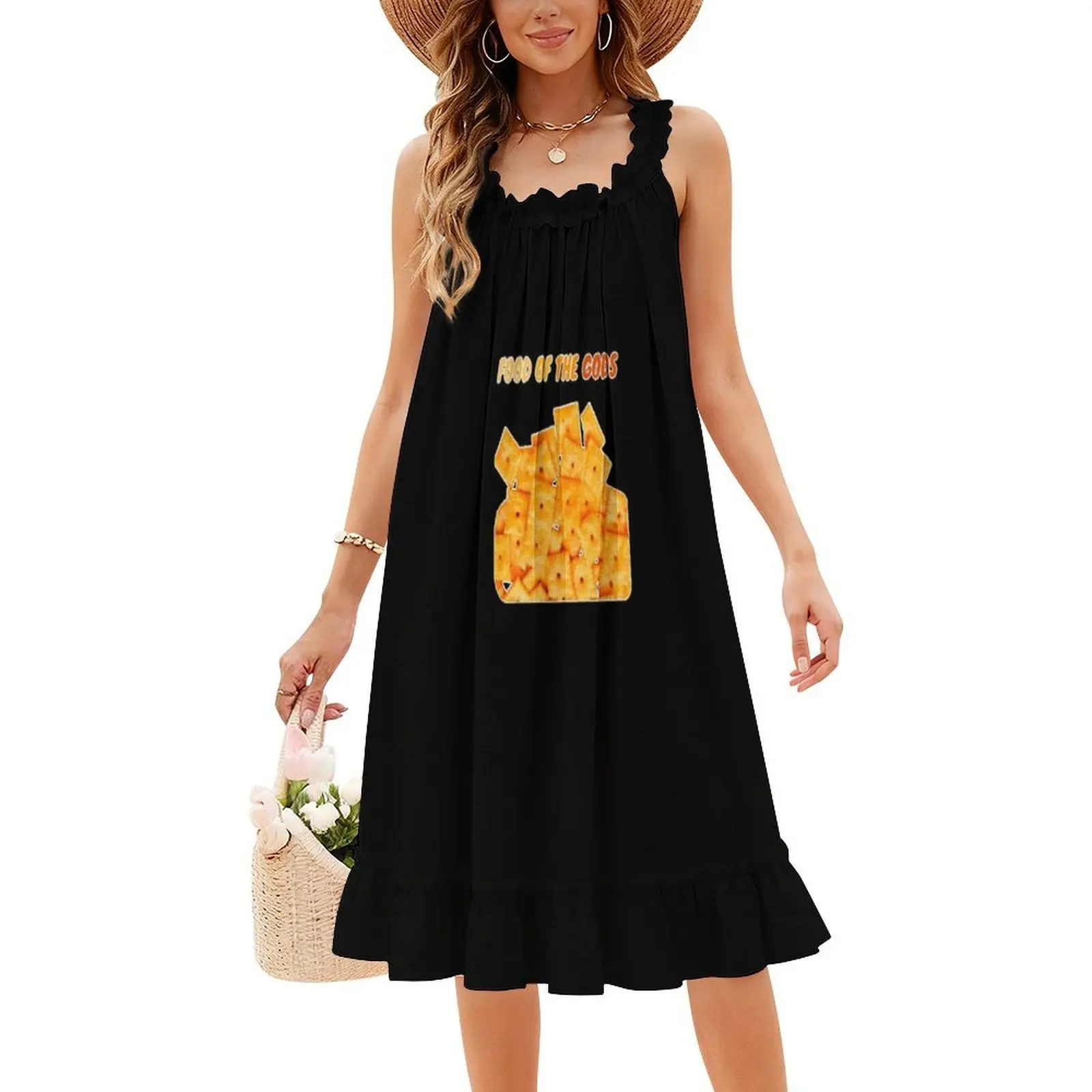 فستان بوهيمي بدون أكمام من Cheez It للنساء مطبوع عليه فساتين حفلات الشاطئ Cheez It Food Cheese Snack Cheez ملابس نسائية