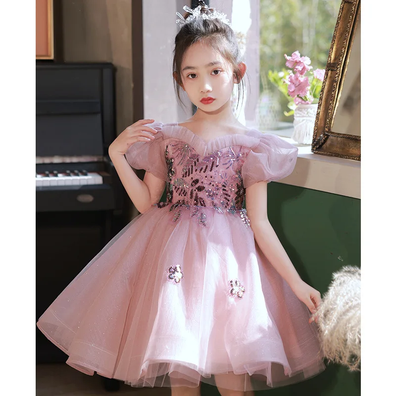 2024 luxury Girls V-neck Pink Flower Fairy Children Princess tutu Wedding Gown Kids Dresses baby infant Birthday Party Dress