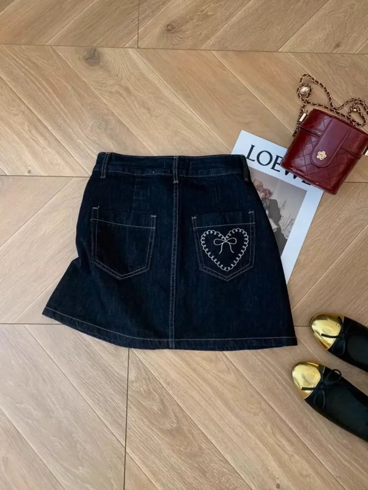 Love Embroidered Denim Short Skirt Spring/Summer High Waist A-line Skirt Women's Korean Version High Waist Versatile Slim Skirt