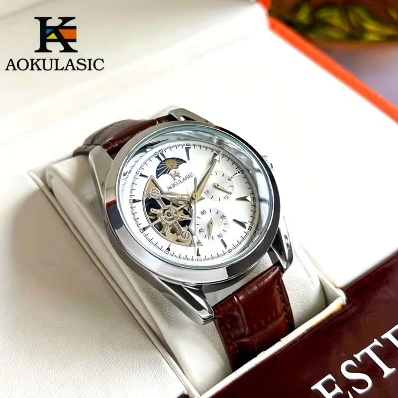 

Мужские механические спортивные часы — корпус из нержавеющей стали, кожаный ремешок, автоматический заводной механизм, отображение стрелок, функция фазы Луны, подходит для официальной и повседневной носки, батарея в комплект не входит