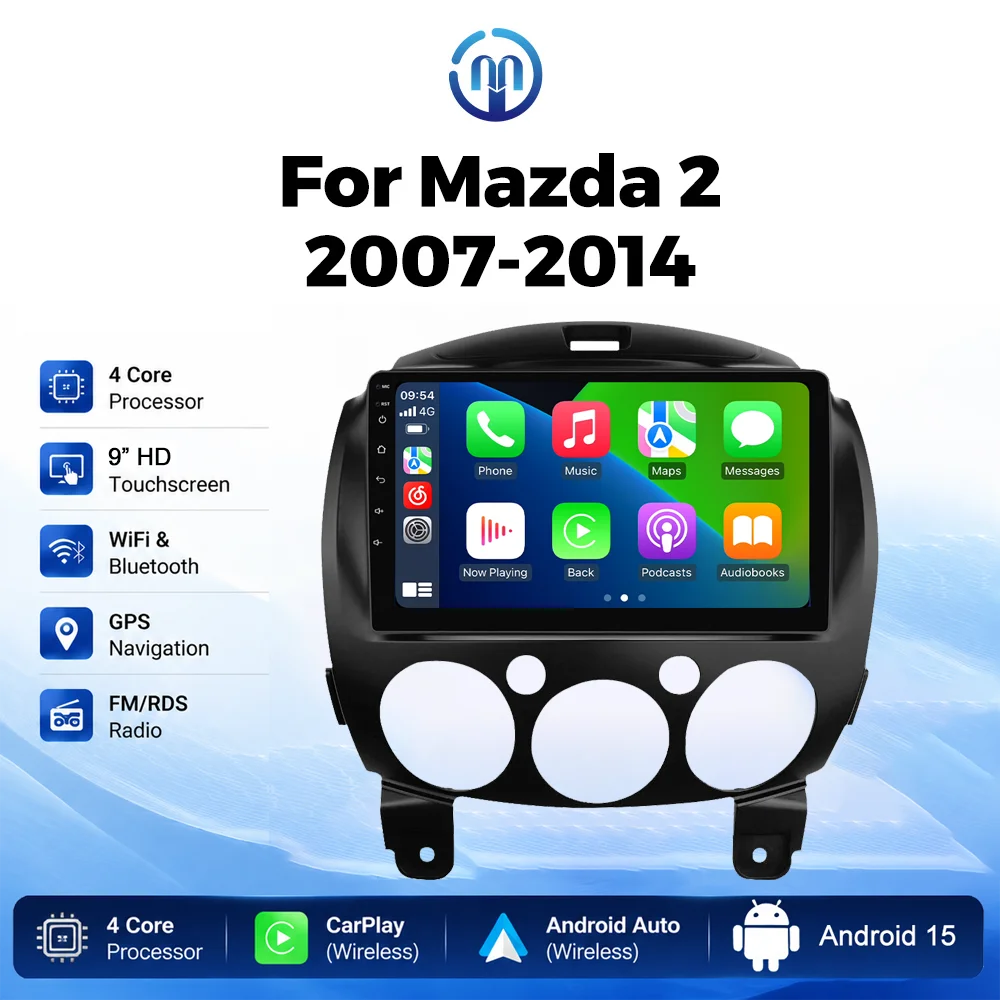Android 15 9inch Car Radio For Mazda 2 2007-2014 Wireless Carplay GPS Navigation BT Multimedia Player 2 Din Car Stereo Head Unit