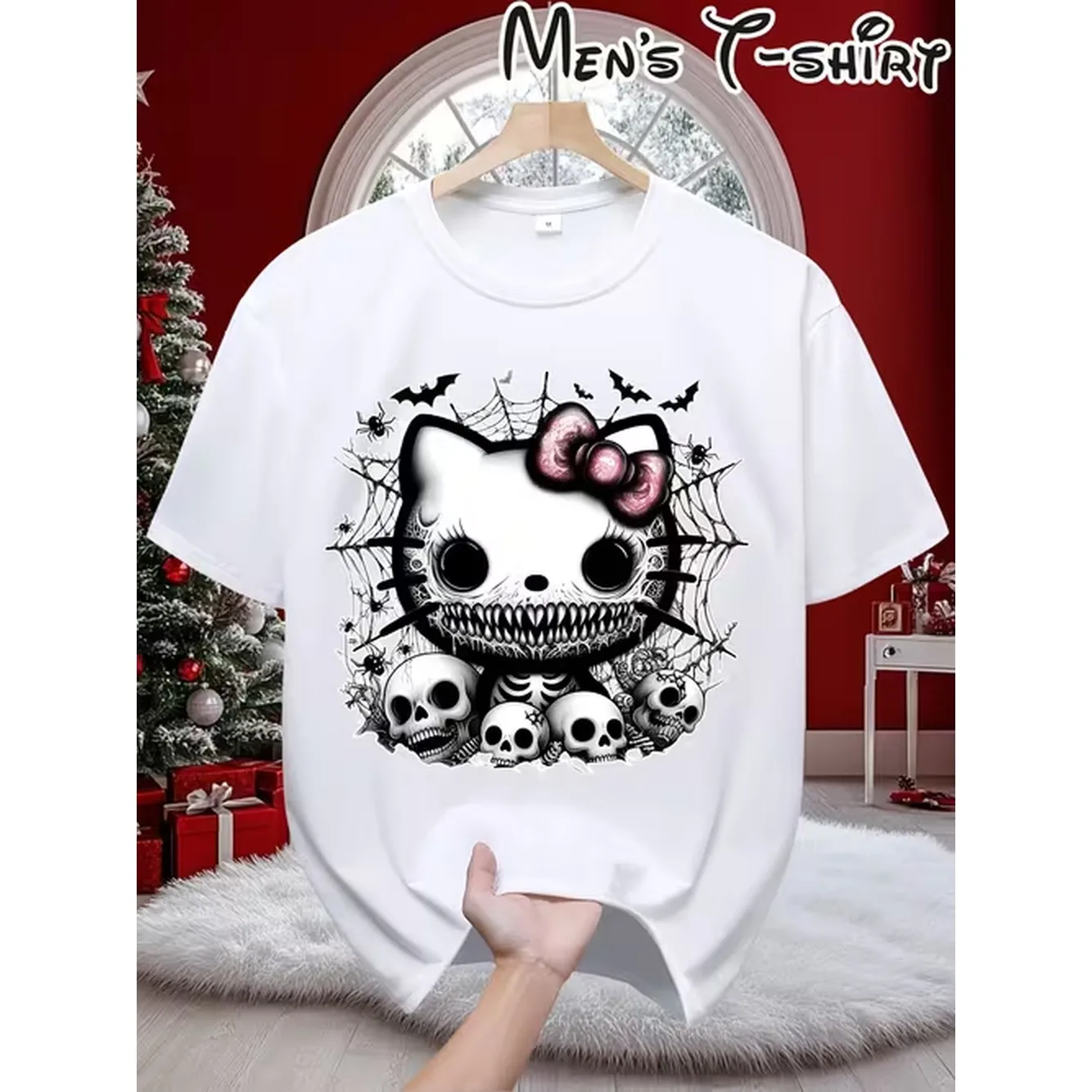 item picture gothic skull themed printed round neck t shirt for men sporty short sleeved breathable and casual regular fit vacation party outfit birthday gift holiday fashion high quality fabric