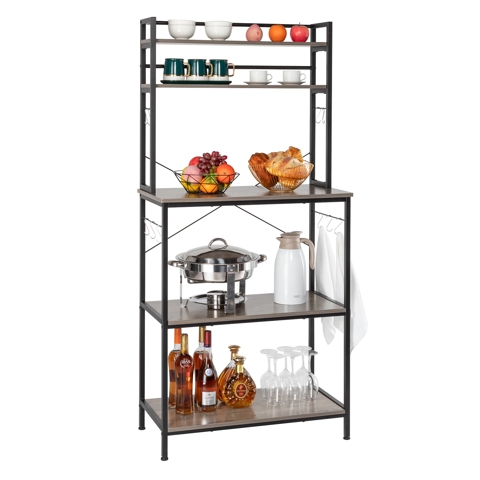 5-Tier Kitchen Bakers Rack with 10 S-Shaped Hooks, Industrial Microwave Oven Stand